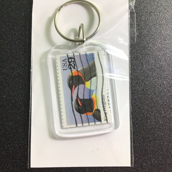 Penguin Keychain - Upcycled Recycled Postage Stamp Key Chain - Picture 3 of 8